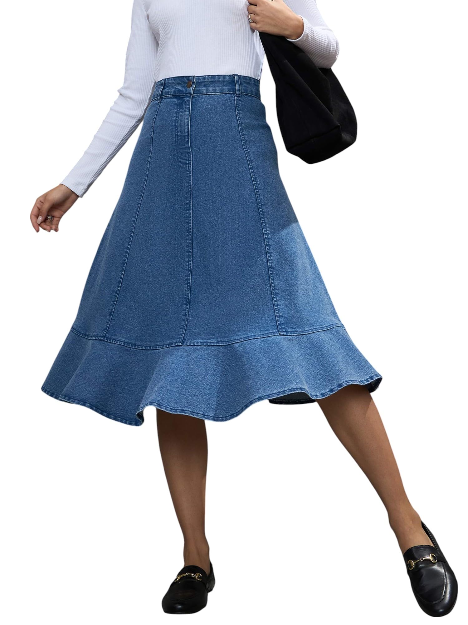 sassafras Women Washed Denim Flared Hem Skirt-picture-43