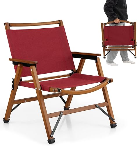 Tangkula Silla de camping plegable silla de playa portátil de respaldo bajo con marco de bambú sólido y tela Oxford 500D silla de césped ligera al