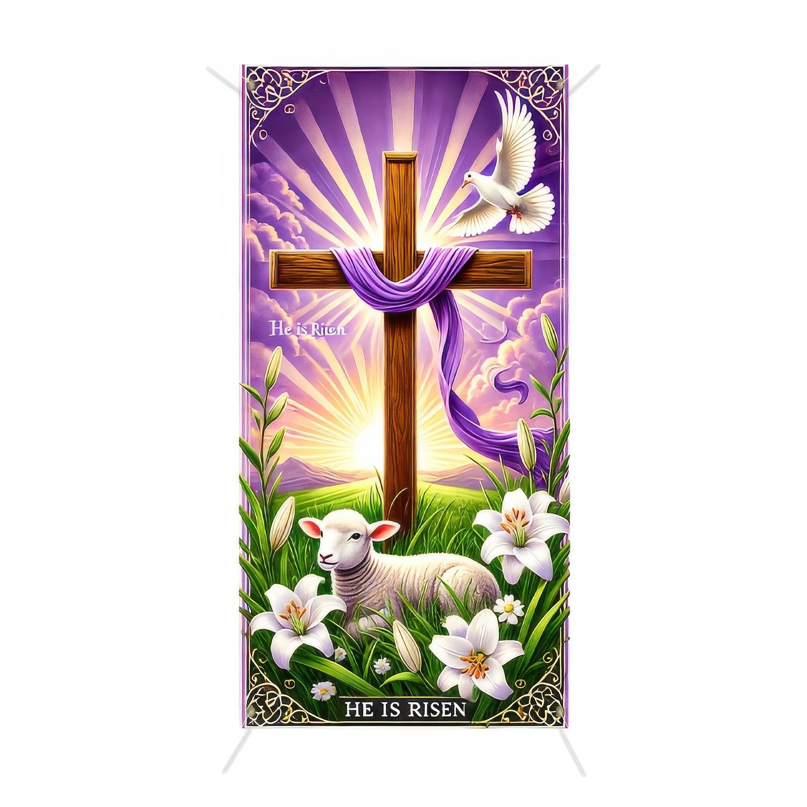 Condition photo showing New/Like New for blissyard door cover easter cross lamb church bunny 35x71 inch polyester | door banner, fabric cover | easter door decor, cross lamb backdrop | porch, entry, party (cross)
