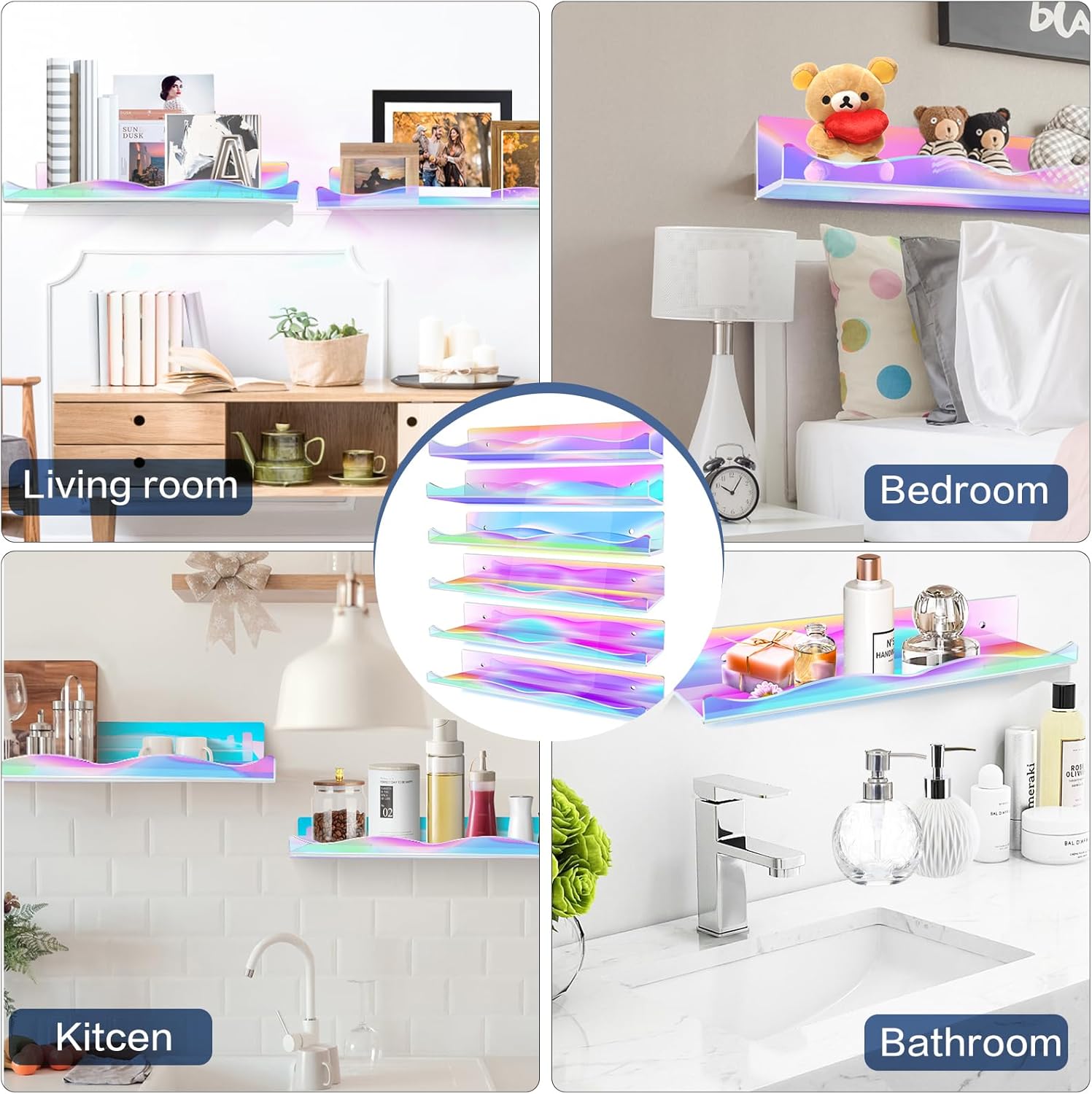 6 Packs Iridescent Clear Acrylic Floating Shelves, DILIBRA 15.7 Inch Large Set up for Funko Pop Display Case Picture Ledge Shelf, Acrylic Floating Wall Bookshelf Organizer for Kids Room Bathroom