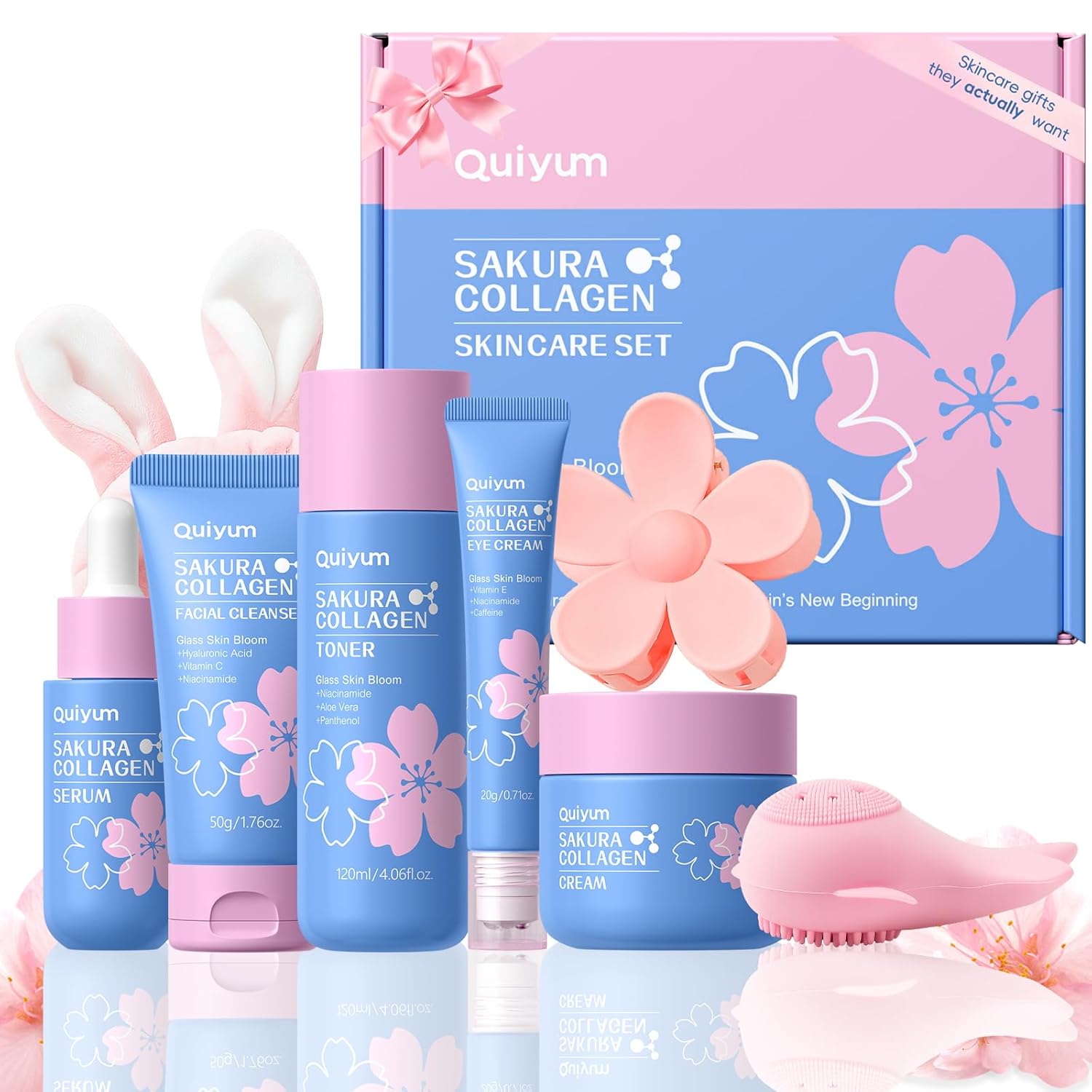 Sakura Collagen Skincare Set - 8-Piece Glass Skin Routine with Cleanser, Toner, Serum, Eye Cream, Moisturizer | Hydrating, Firming, Glowing for All Skin Types, Skin Care Gift Sets