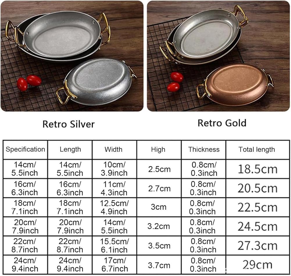 Oval Spanish Paella Pan, Non-Stick Dinner Server Pan Seafood Paella Pan Cookware Stainless Steel Seafood Paella Pan Cookware for Home Restaurant or Camping,Silver,8.7inch