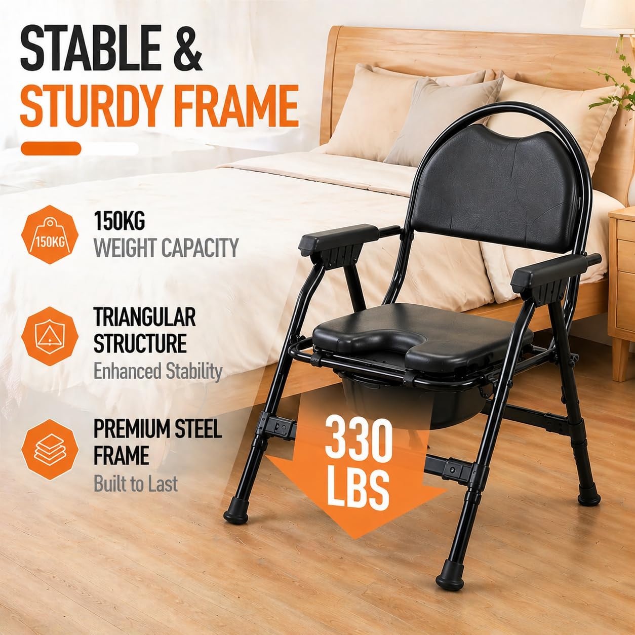 4-in-1 Folding Bedside Commode Chair with Seat Cover, Tool-Free Assembly Portable Toilet for Adults, Adjustable Height Bedside Commode for Seniors with Handles, 330lbs Support (Black)