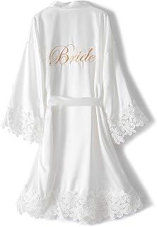 Bride Robes with Lace Trim Embroidery Silky Satin Bathrobe for Women Wedding Party Sleepwear Kimono Bridesmaid Robe