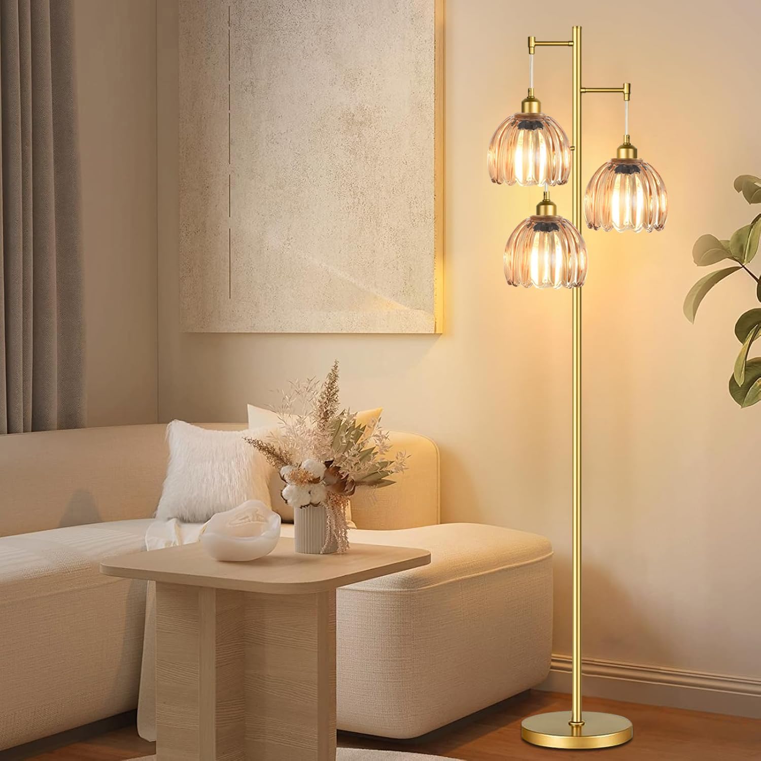 AHDWDW Gold Floor Lamp for Living Room Bedroom,3 Lights Mid Century Modern Floor Lamps with Flower Glass Shades,68IN Tall Standing Lamp with Bulbs,Vintage Tree Floor Lamp for Corner Office Reading