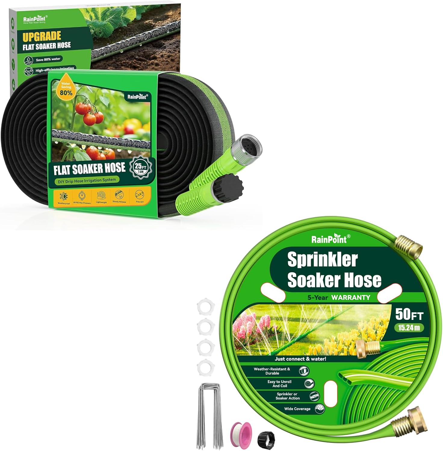 RAINPOINT Soaker Hose 25FT, 80% Water-Saving Flat Drip Hose with Sprinkler Hose 50FT, Flat Soaker Hose with Stakes