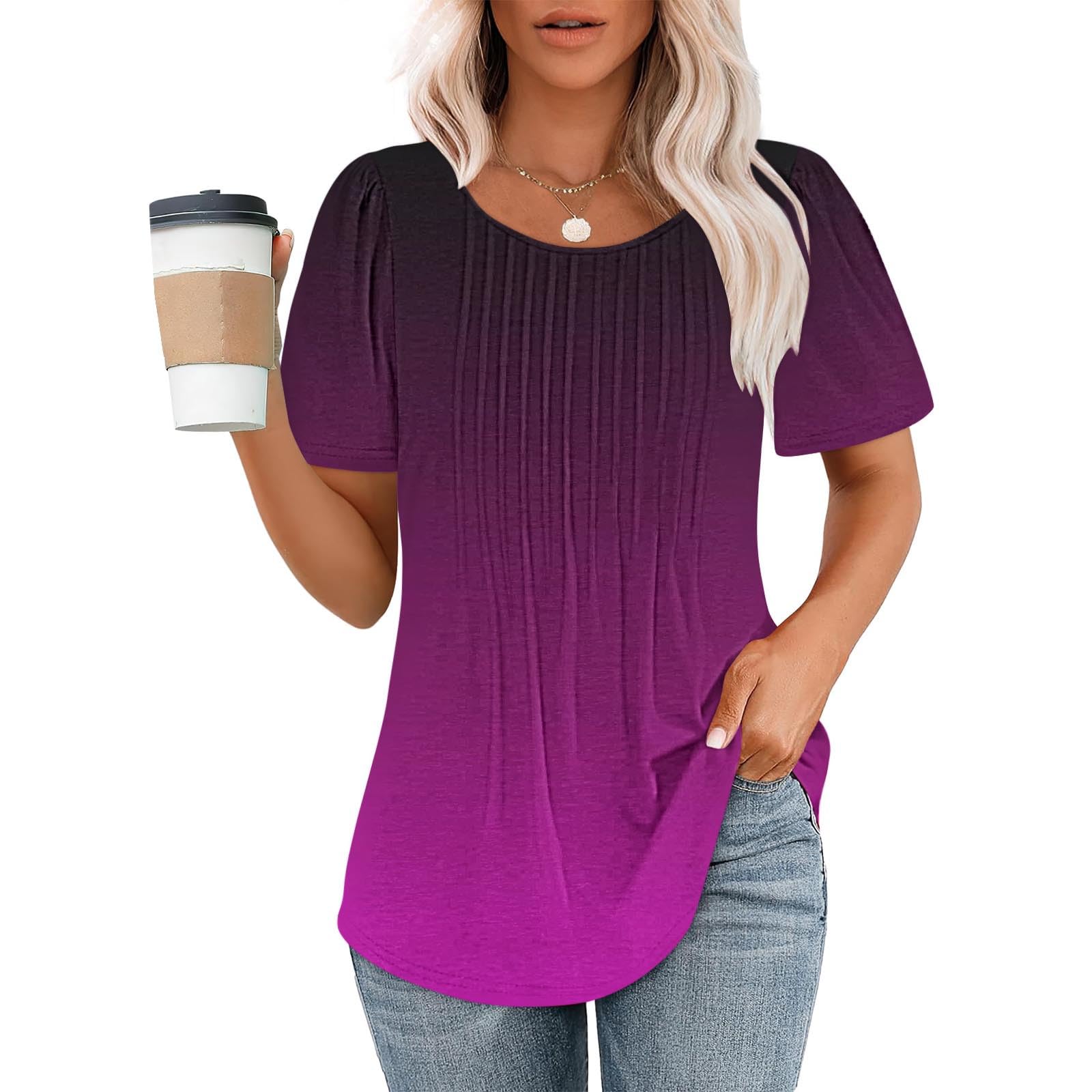 GenericBlouses for Women Dressy 2024 Summer, Front Pleated Scoop Neck Puff Short Sleeve Floral Womens Boho Tunic Tops and Blouses