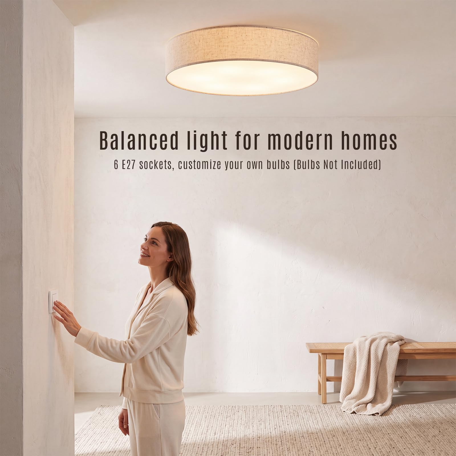 LQWELL Lampada da Soffitto in Tessuto, Plafoniera Rotonda con Paralume in Lino, Attacco E27 x 6, max.40W, Ø50cm x H10cm, Colore naturale, per Soggiorno, Camera da Letto, Sala da Pranzo, Ufficio