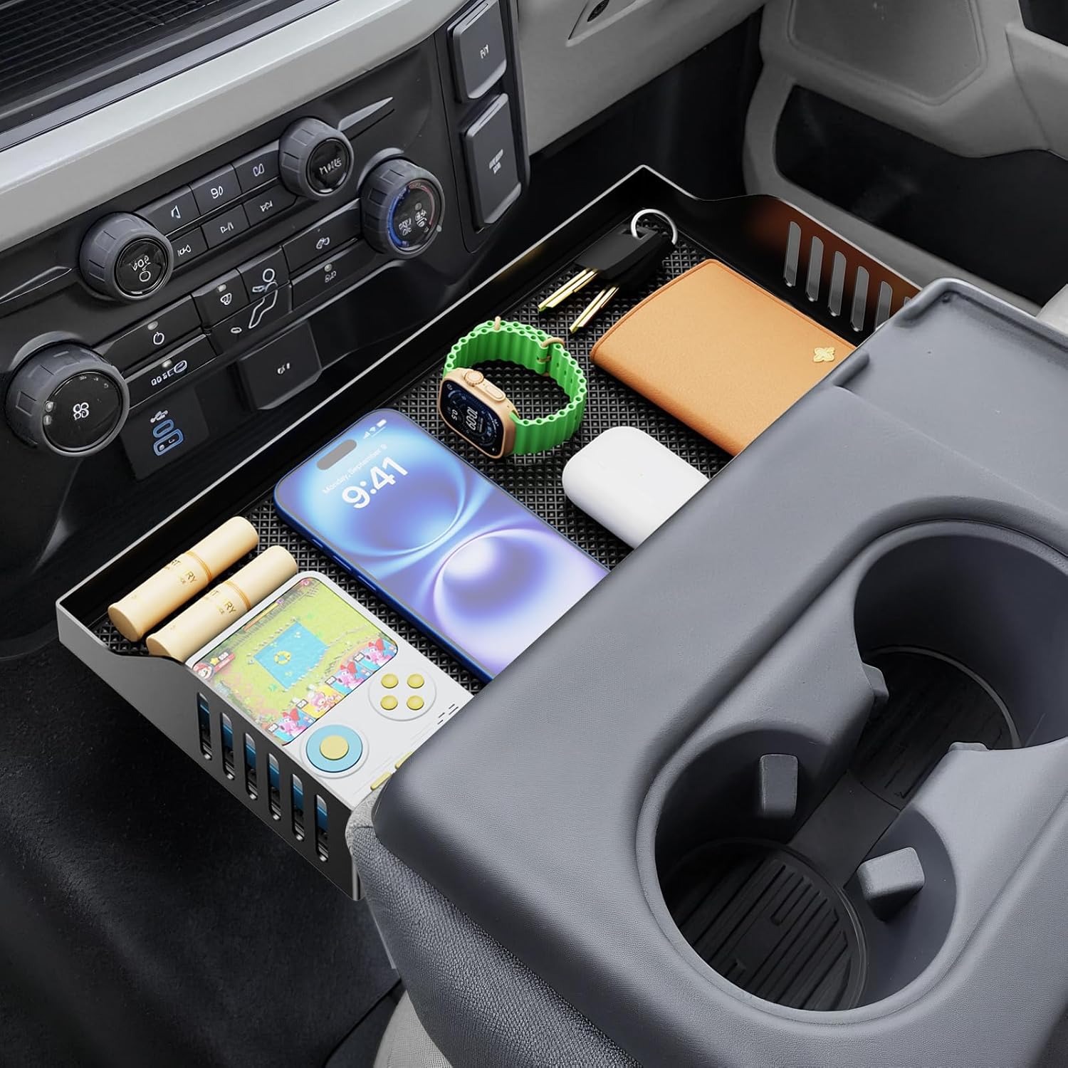 All Metal Front Center Seat Headrest Organizer Compatible with 2011-2025 2026 Ford F150 F250 F350 F450 F550 F650, Center Console Container Storage Box Armrest Tray Accessories (Jump Seat Only)