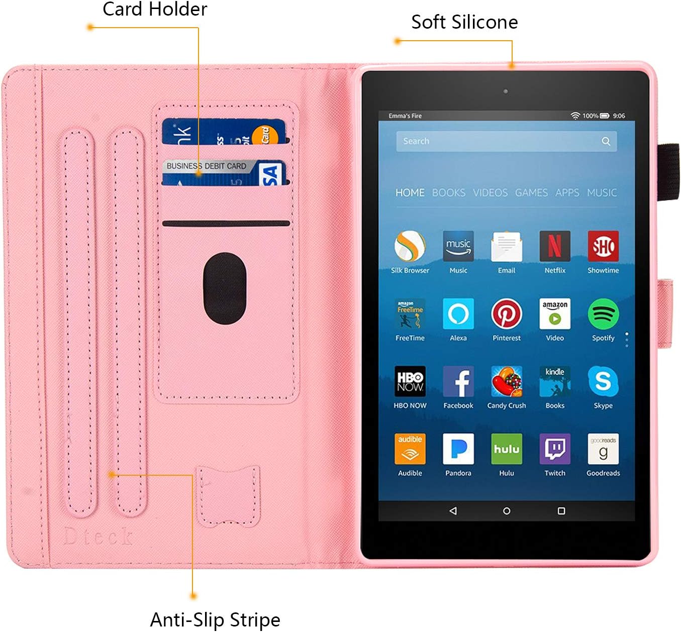 Dteck for Fire HD 8 (8th/7th/6th Generation) Smart Folio Tablet Case 2018/2017/2016 Release (8") with Auto Sleep Wake/Stand/Card Slots, PU Leather Protective Cute Slim Magnetic Cover, Smile Unicorn
