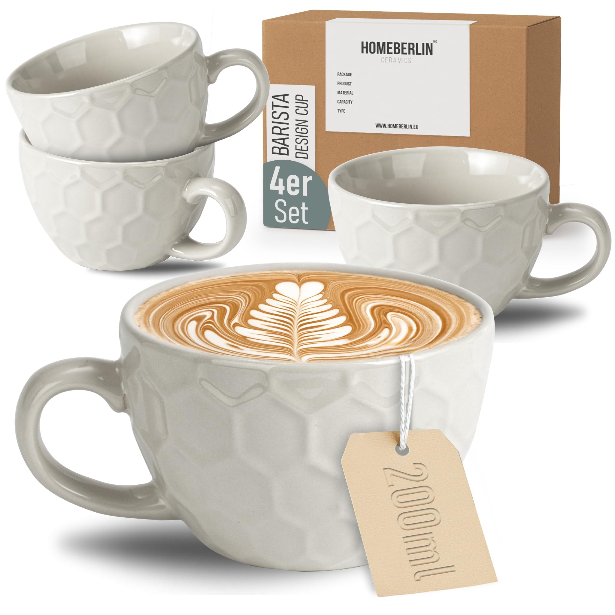 HOMEBERLIN® Barista set van 6 cappuccinokopjes, 200 ml, premium koffiekopjes set van hoogwaardig steengoed - set van 6 moderne koffiekopjes van 100% handgemaakt, dikwandige koffiekopjes