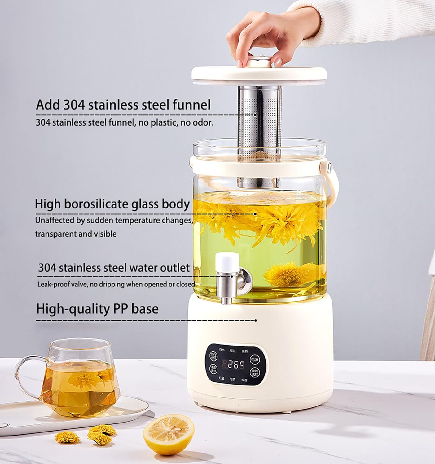 Electric Kettle 3L with Touchscreen – Adjustable 40–90°C Temperature Control, 24-Hour Heat Retention, High Borosilicate Glass Body, Detachable Tea Infuser