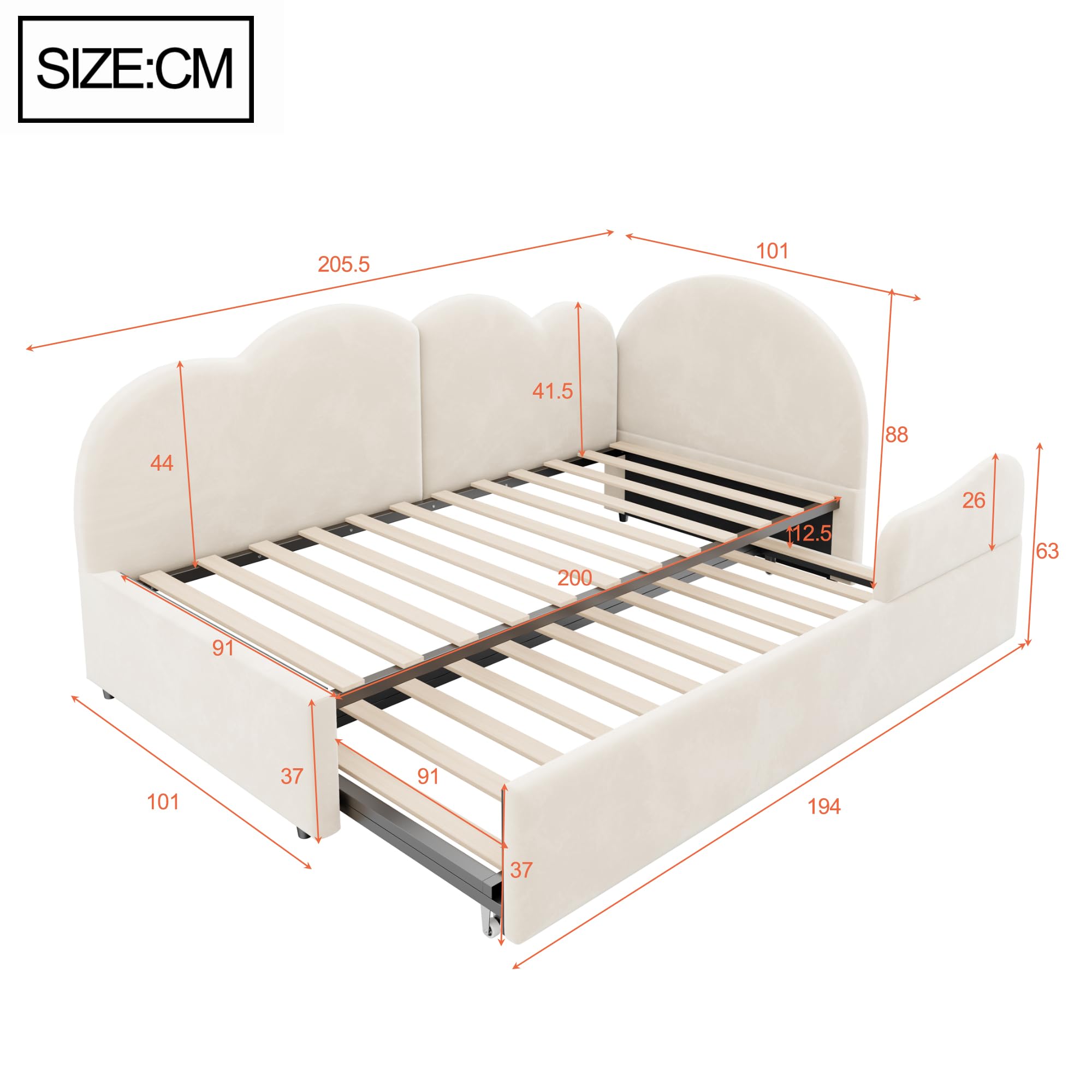 Łóżko tapicerowane (90 x 200 + 90 x 190 cm) w kształcie litery L z wysuwanym łóżkiem i zagłówkiem chmury, sofa do spania i łóżko dzienne z oparciem, do sypialni i pokoju gościnnego, aksamitne, beżowe