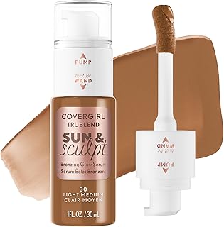 COVERGIRL TruBlend Sun & Sculpt Bronzing Glow Serum, Buildable, Radiant Glow, Wand and Pump Applicator - 30 Light Medium