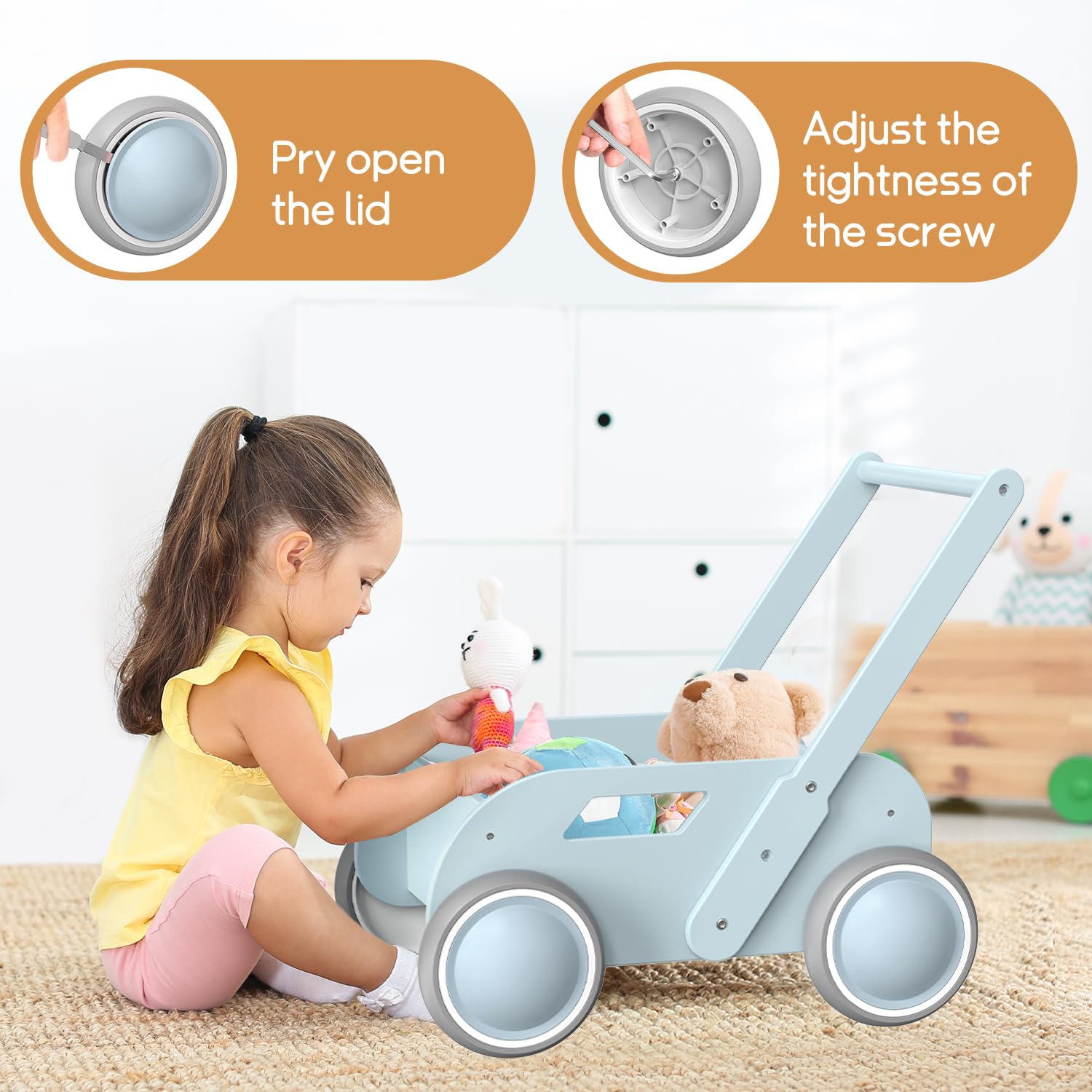 Lauflernwagen Holz, Baby Lauflernhilfe für Junge und Mädchen, Toddler Push & Pull Lauflernspielzeug, Kinderwagen aus Holz, Baby Walker mit Rädern, Geschenk für Geburtstag Weihnachten, Blau