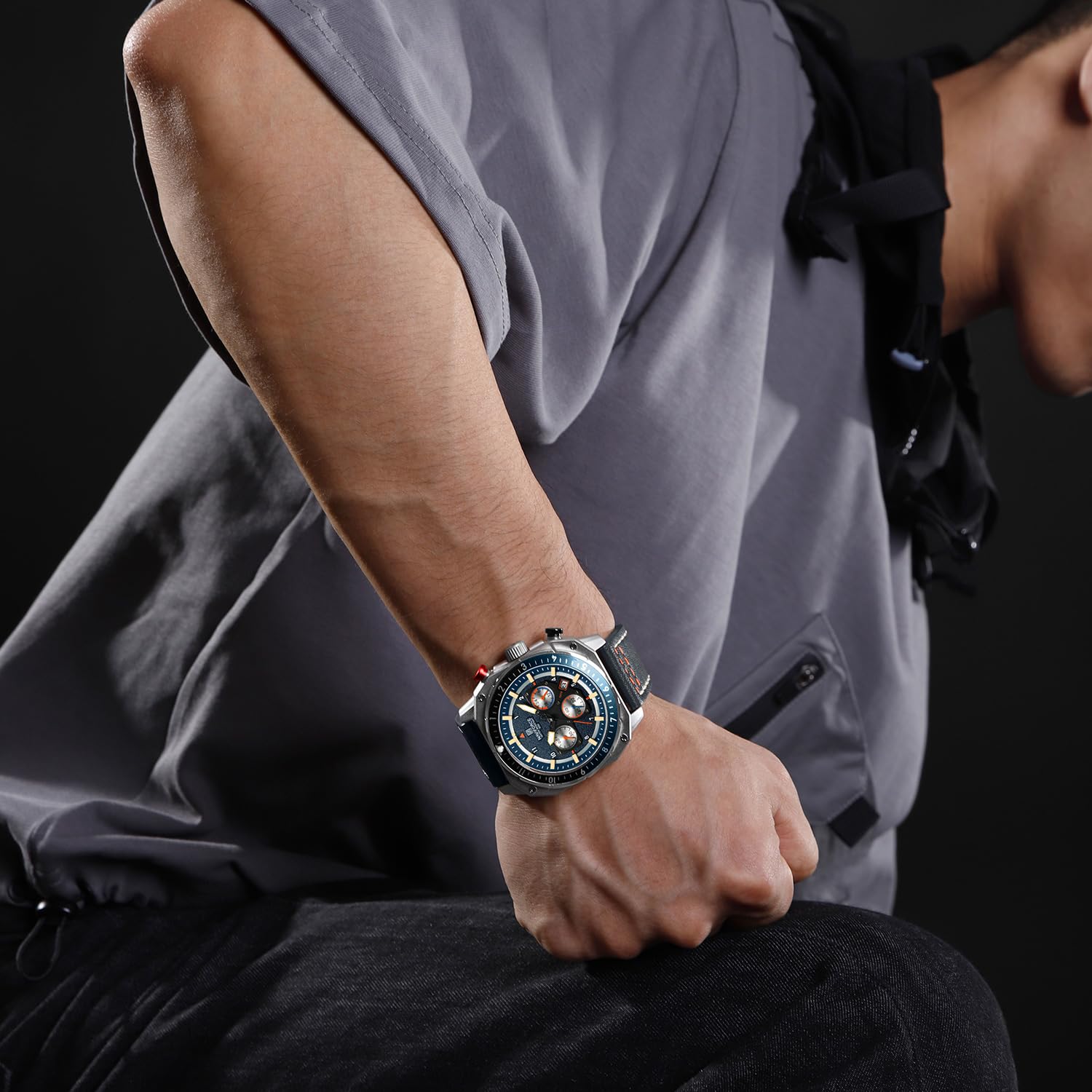 NAVIFORCE Men's Fashion Sport Watches Military Square Big Face Waterproof Chronograph Wristwatch with Luminous Hands,Leather Strap