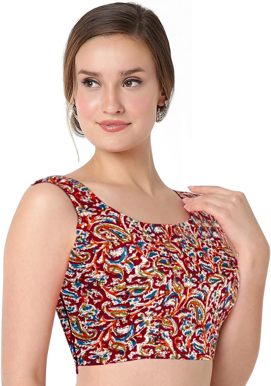 Chandrakala Cotton Printed Blouses for Women sarees, Sleeveless Ajrakh Print Crop top Choli (B224-P) - Image 2