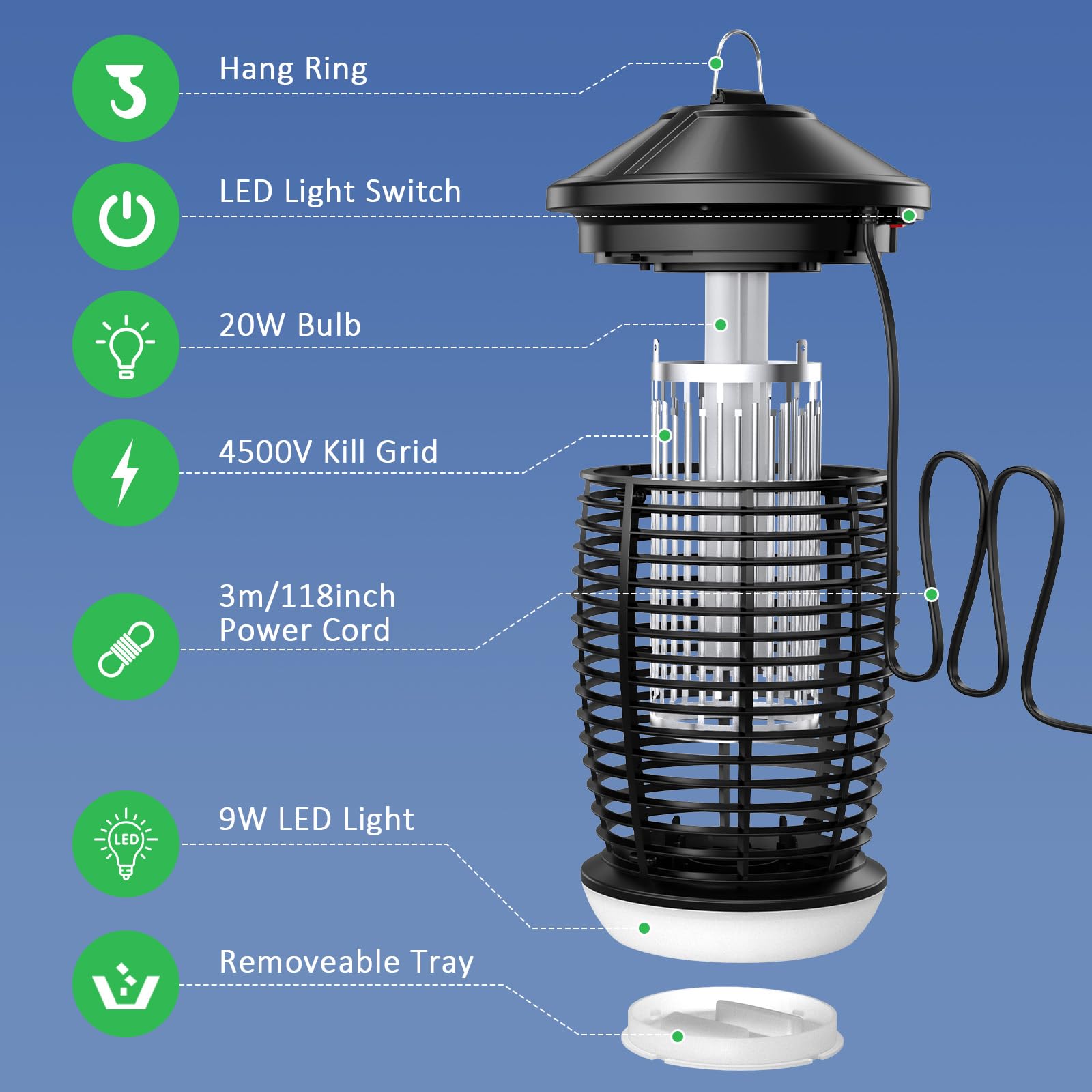 PALONE Lampa na komary elektryczna 4500V, 20W UV + 9W LED, 3m kabel - Bezpieczna siatka do kuchni/ogrodu