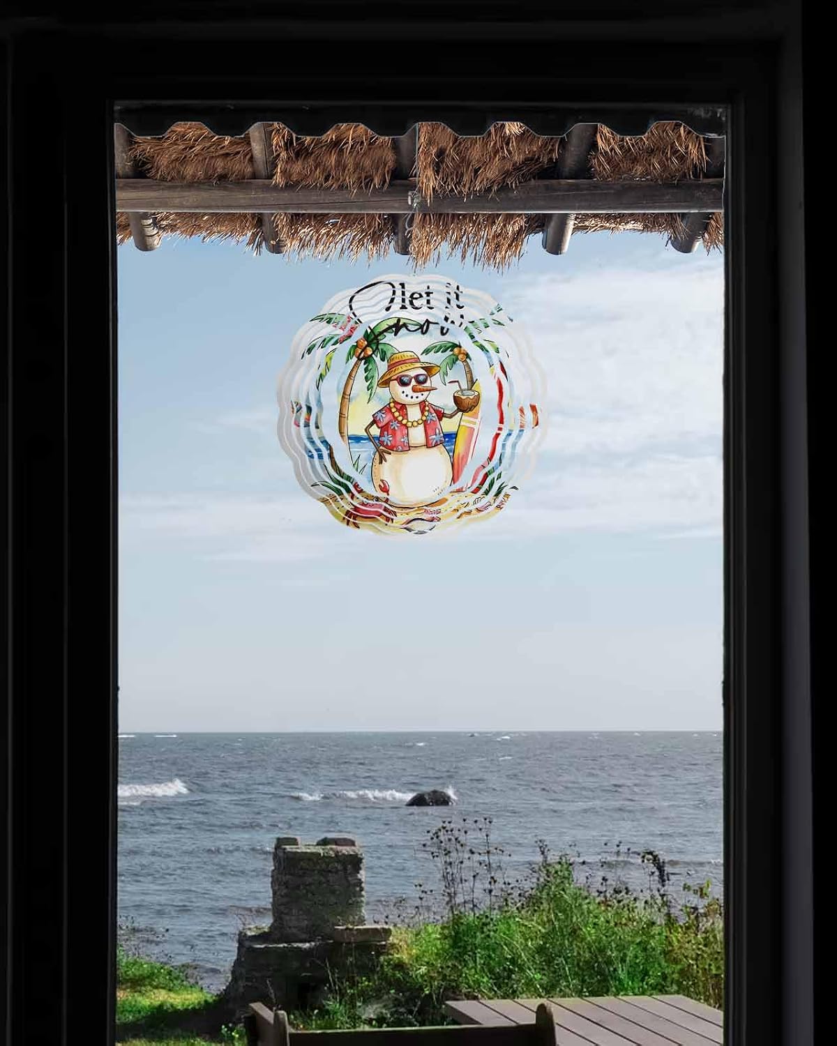 Christmas Snowman Wind Spinner 3D Stainless Steel, 12 Inch Double Sided Circle Hanging Wind Spinners, Tropical Beach Starfish Palm Trees Garden Art Wind Sculpture for Yard Porch Front Door