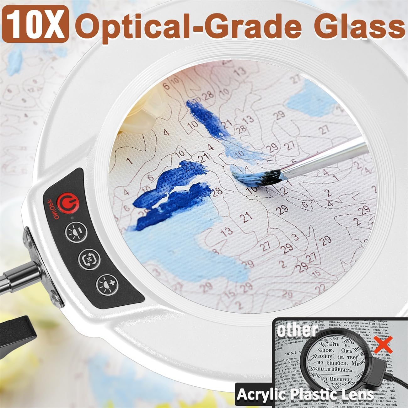 LANCOSC 10X Magnifying Glass with Light and Stand, 3-in-1 Adjustable Swing Floor Lamp, 5 Color Modes Stepless Dimmable, LED Lighted Hands Free Magnifier & Clamp for Reading, Crafts, Painting - White