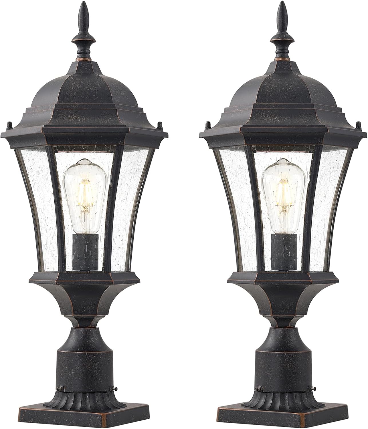 Cast Aluminum 24" Large Outdoor Post Light with 3" Pier Mount, Bronze Exterior Pathway Pole Lights Fixture with Seeded Glass 2 Pack Outside Garden Post Lamp Lantern Head for Driveway, Yard