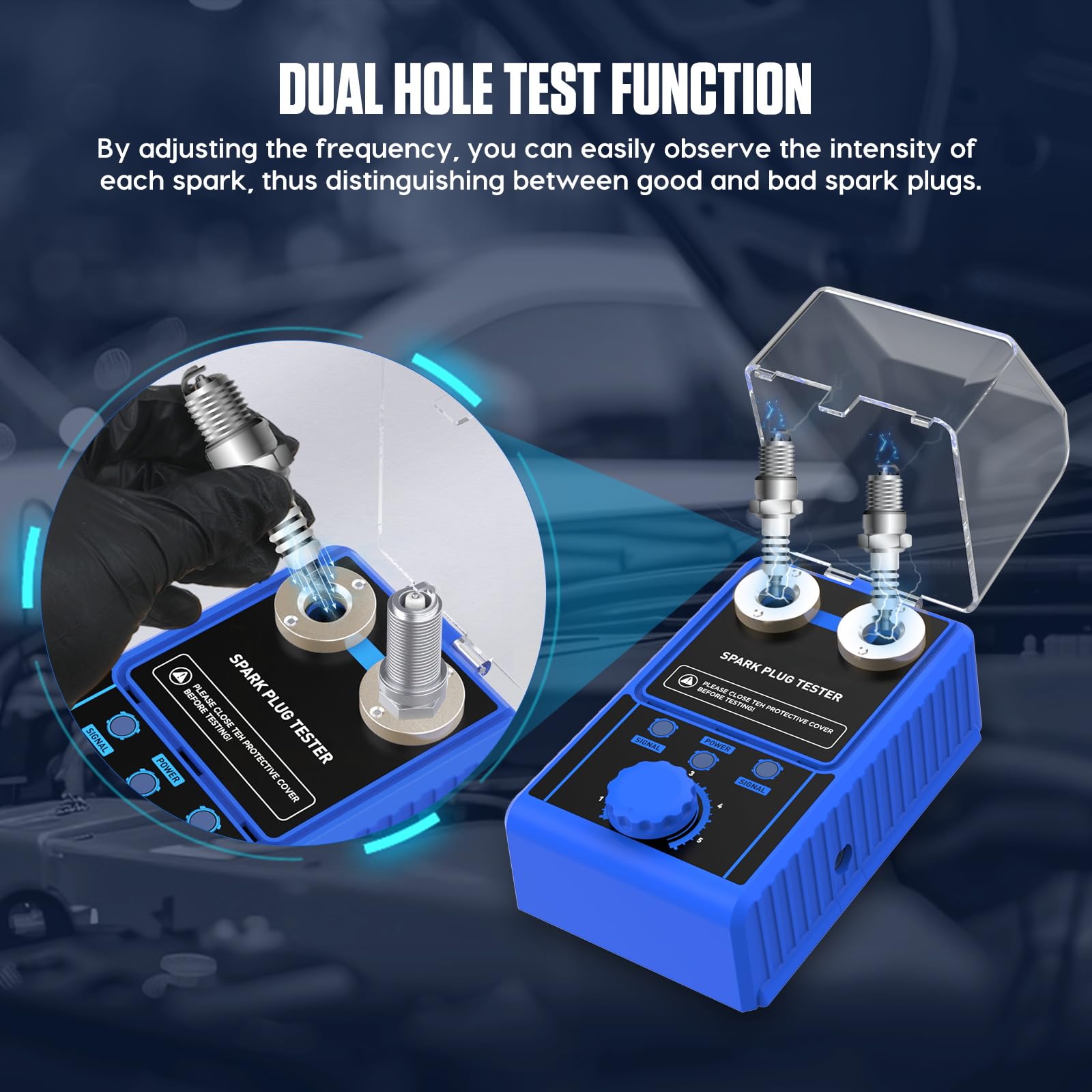 PLAYOCCAR Tester per candele Accensione 220V - Rivelatore Candele per Auto a Doppio Foro per Candele da 12 mm, Frequenza Regolabile 0~6000RPM con Coperchio Protettivo Veicoli a 12 V.