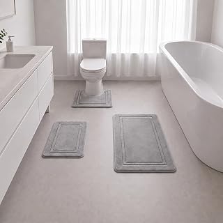 3 Piece Bath Rug Set Memory Foam Non-Slip, Bordered Toilet Rug, Light Gray
