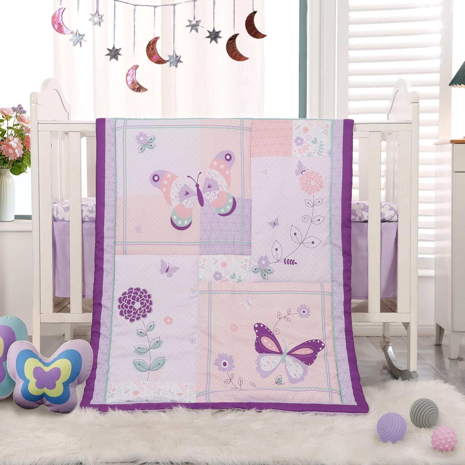 Wowelife Crib Bedding Set for Girls, 3 Pieces Floral Butterfly Baby Girl Bedding Set, Include Crib Comforter Fitted Sheet and Crib Skirt, Standard Size Nursery Crib Set for Girls, Purple