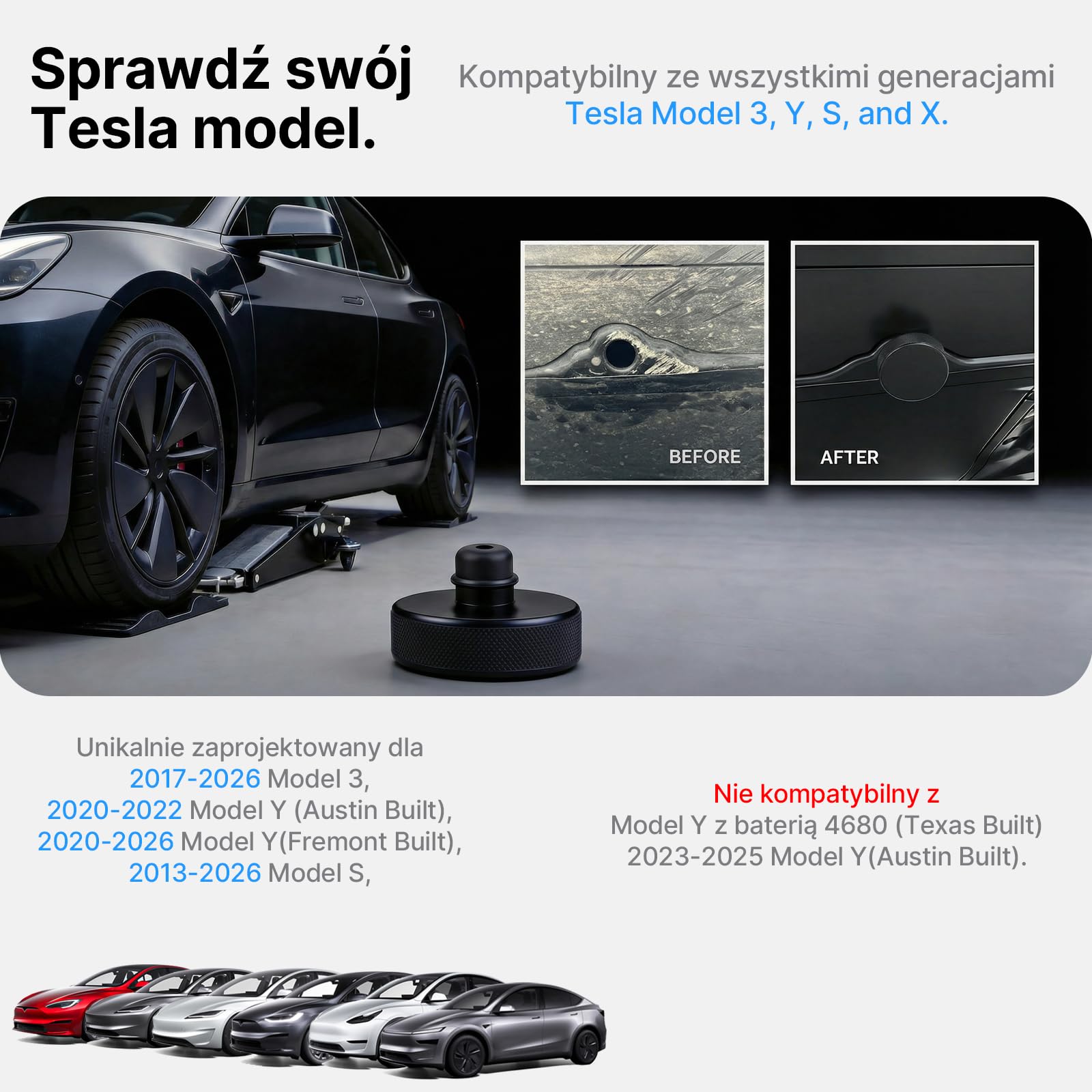 Zestaw 4 Podkładek Podnoszących do Tesli Model S 3 X Y (2016-2026 Highland/Juniper), Gumowe Podkładki do Podnośnika ze Schowkiem