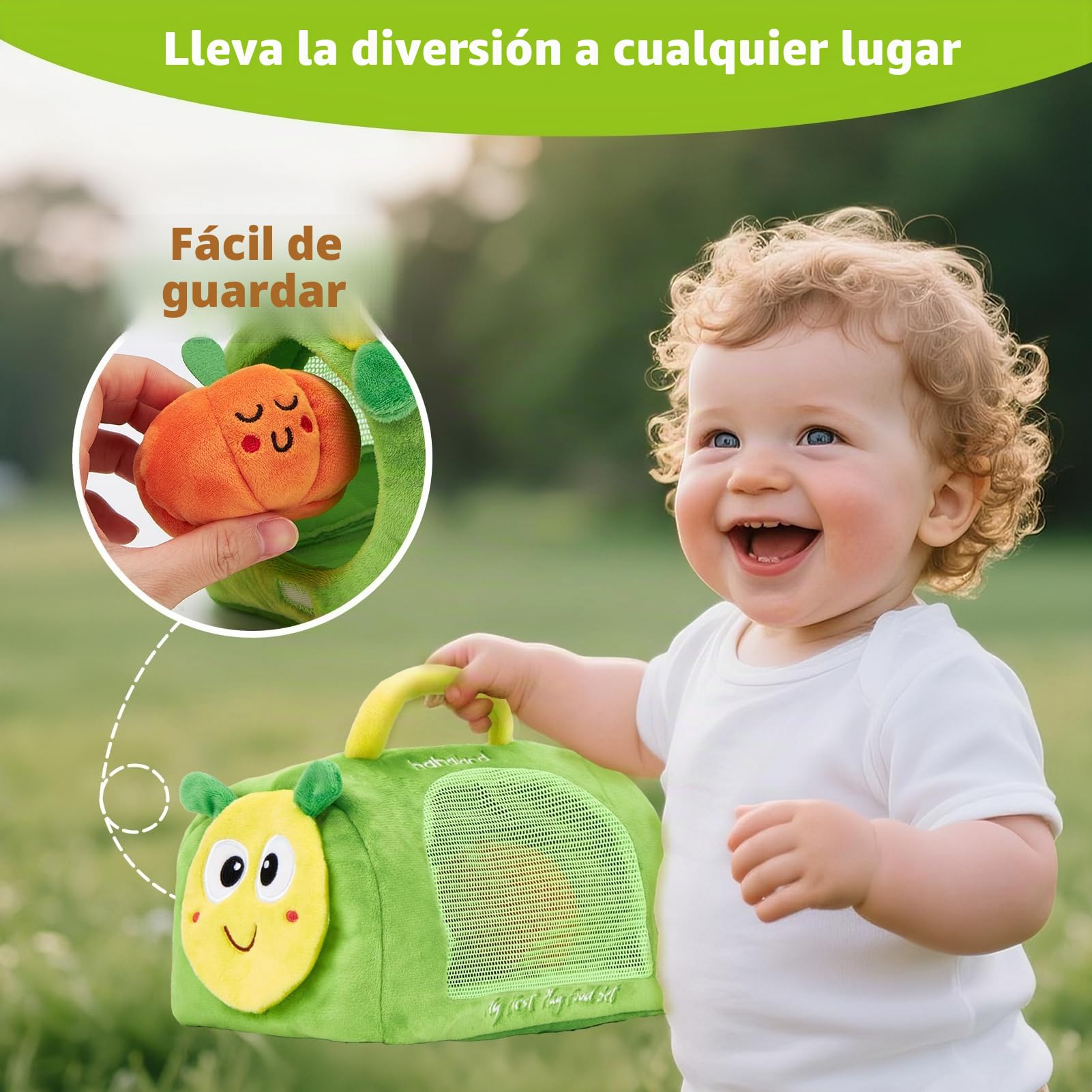 hahaland Peluches de Frutas y Verduras, Juguetes Bebes 6-12 Meses con Sonajas y Cesta y Bolsa-Oruga, Juguetes Montessori Educativos para Bebé 9 12 18 Meses, Regalo Juguetes Niños 1 Año