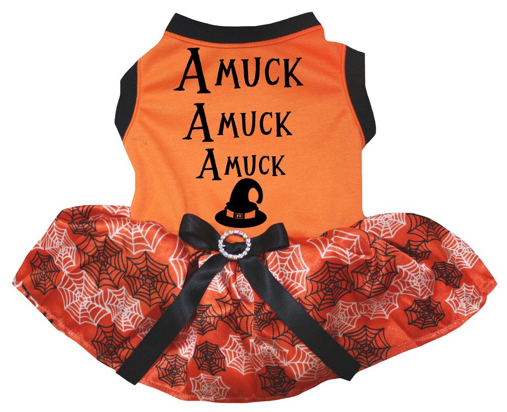 Chiot robe Amuck orange avec jupe tutu noire style toile d'araignée