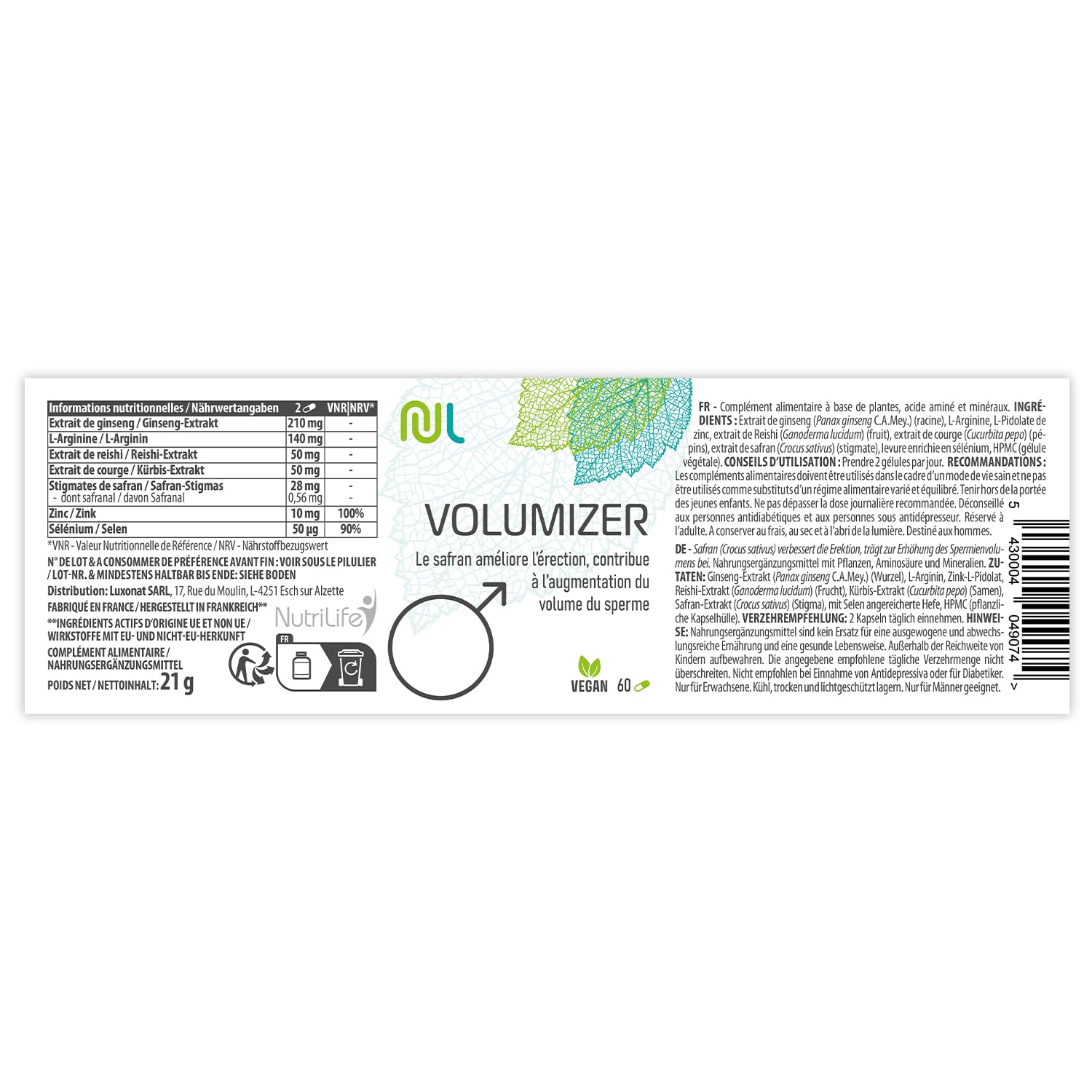 Volumizer - 60 Gélules Végétales - Complexe Homme avec Sélénium, Zinc, Safran et Plantes Naturelles - Soutien Vitalité et Bien-Être Masculin - Sans Gluten - Fabriqué en France - Nutri Life