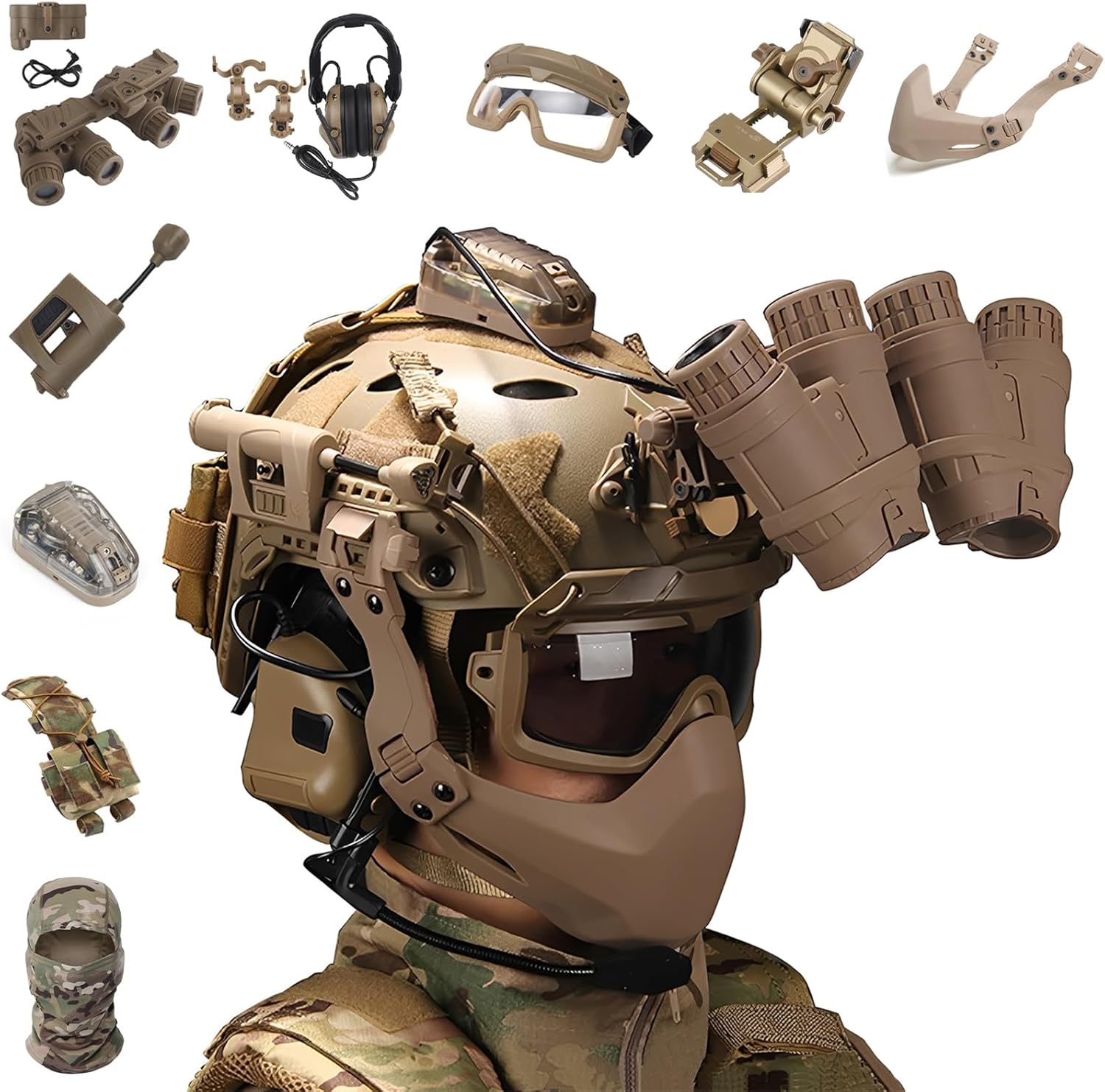 Airsoft Fast Adjustable Helmet Set - GPNVG 18 Night Vision Model, Noise Cancellation Headset, 4 Modes Helmet Light, Mask & Anti-Fog Goggles for Paintball Hunting Outdoor Gear
