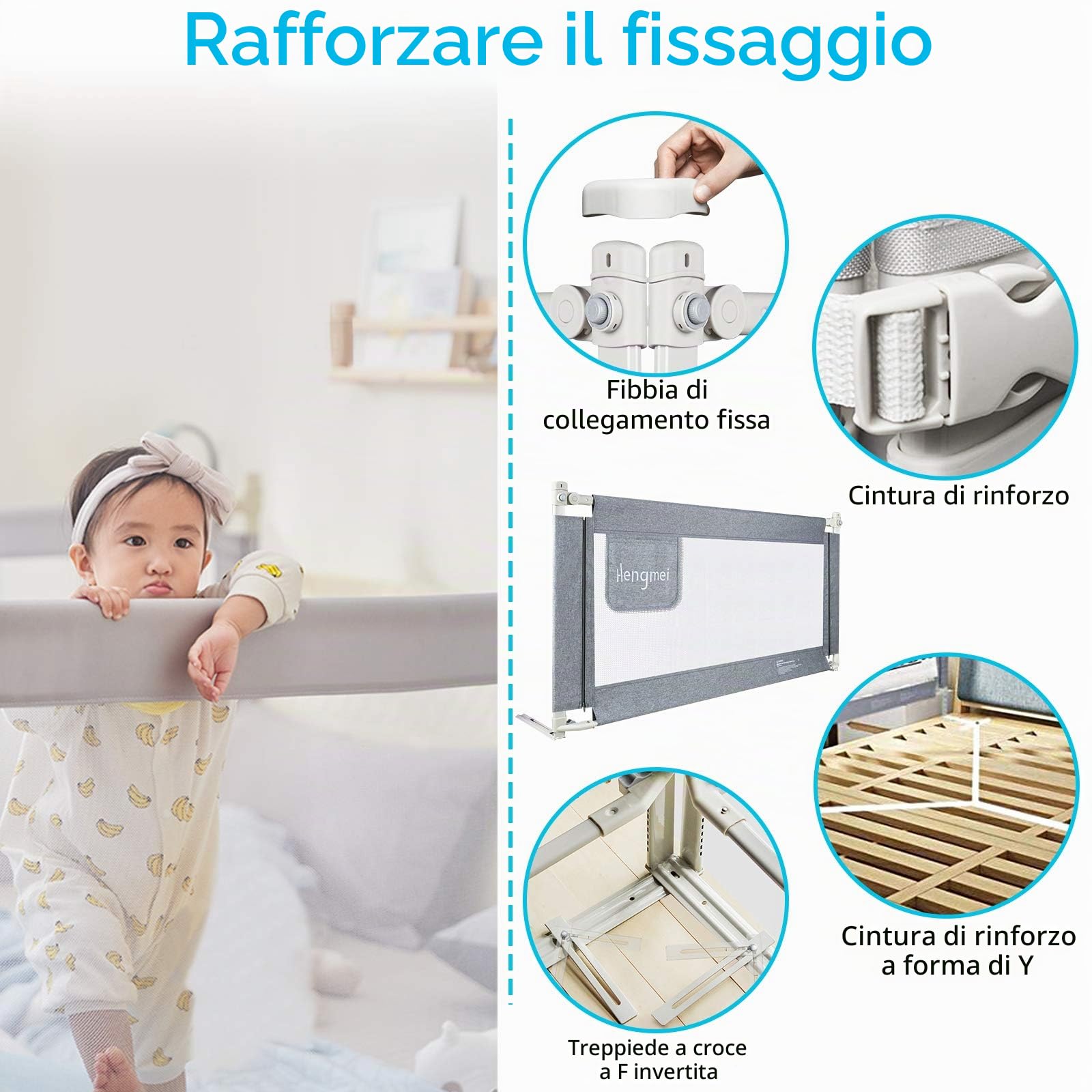 LARS360 Griglia di sicurezza per letto per bambini, sollevabile verticalmente, protezione anti-caduta per lettino dei bambini e letto dei genitori, da 180 cm