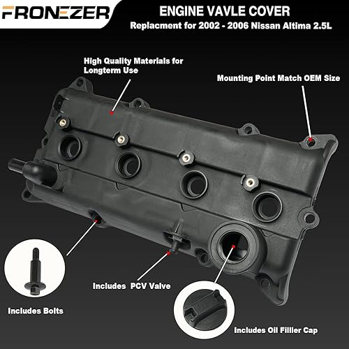 Miniatura 4 de Cubierta de válvula de motor con juntas, pernos, tapa de llenado de aceite, válvula PCV, sellos de tubo de bujía compatibles con Nissan Sentra