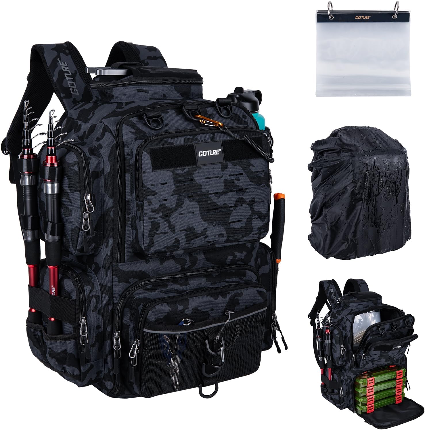 Goture Fishing Backpack with 4 Tackle Boxes,900D Water-Resistant Tackle Backpack with Rod Holders,SBS Zippers,45L Large Tackle Storage Gear Bag with Rain Cover,Bottle Holder for Travel Camping Hiking