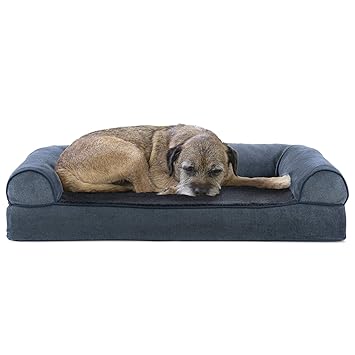 Furhaven Pet Faux Fleece & Chenille Soft Woven Cooling Gel Top Sofa Pet Bed, Medium, Orion Blue
