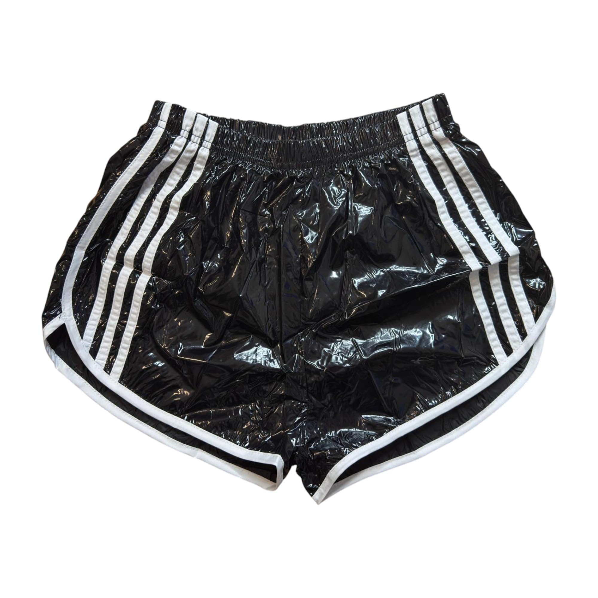 Satin Fitness Herren Glanz Nylon Sport Shorts Cal Surf Wetlook Shiny Nylon Glanzshort Brillant Fussball Boxershorts Schwarz mit Streifen