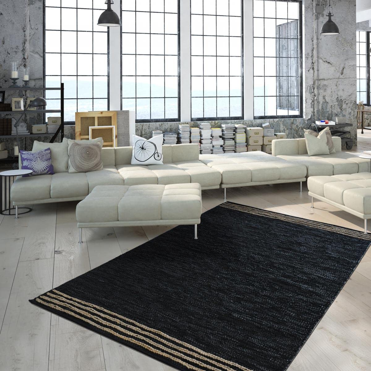 IMPALO Tapis Kilim, 120 X 170 Cm Salon, Cuir Authentique, Motif Simple, Noir, Tissé À La Main en Inde, Texture Kilim, Décoratif, 8239