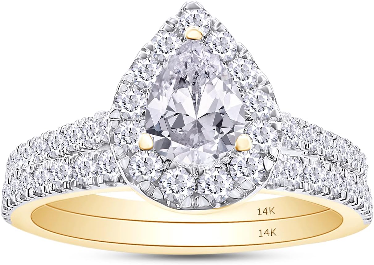 SAVEARTH DIAMONDS 1 2/5 CT 6X4MM Pear & Round Lab Grown Diamond Halo Wedding Band Bridal Ring Set for Women In 14K Solid Gold Promise Rings(G-H Color, VS-SI Clarity, 1.40Cttw)