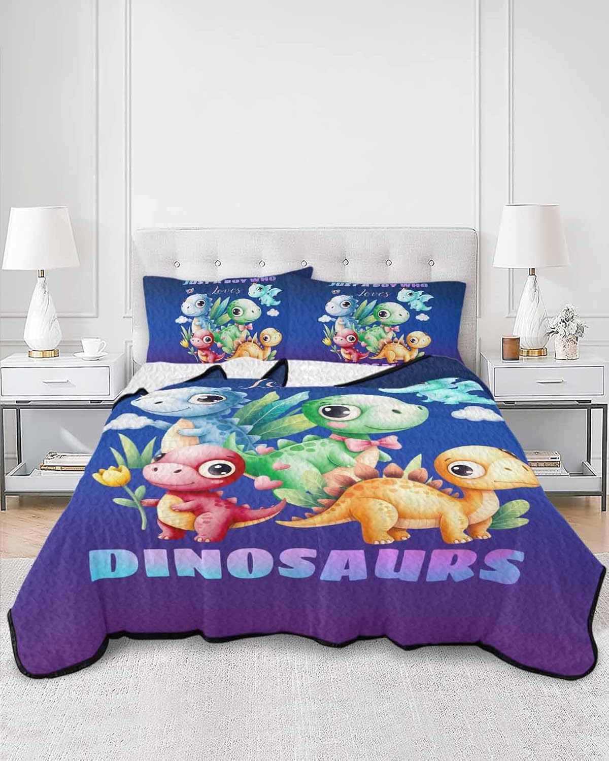 Twin XL Quilt Bedding Set, Funny Dinosaur Reversible Summer Quilt 3 Pieces, Cute Dino Purple Cartoon Boys Girls Children Lightweight Bedspreads Coverlets with 2 Pillow Shams for All Seasons