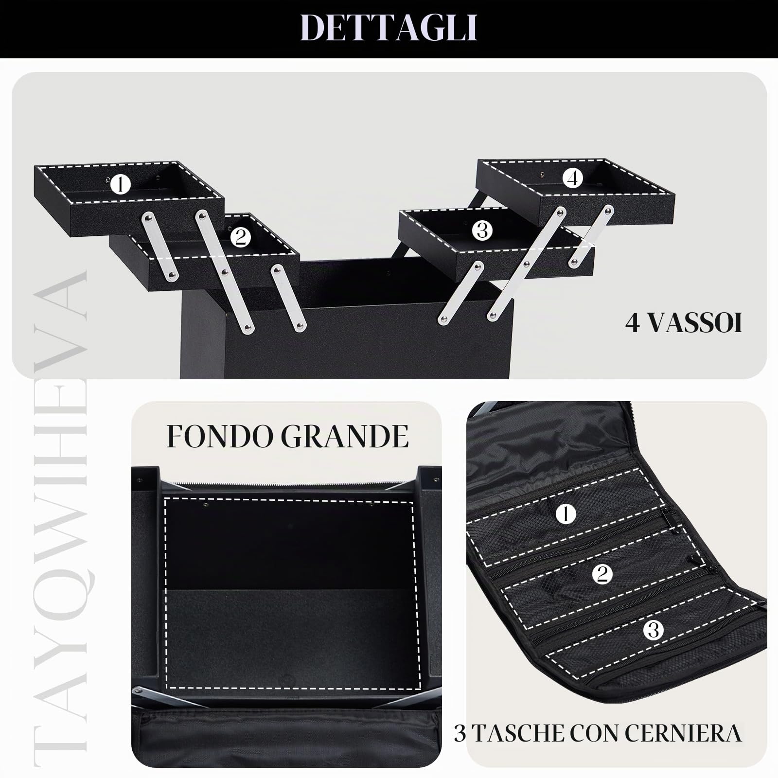 Valigetta porta Trucchi Professionale Borsa porta trucchi da Viaggio Makeup Case Tessuto Oxford Borsa per Cosmetic Grande con Tracolla y 4 Vassoi Beauty Case Organizzatore Valigetta Unghie,Nero