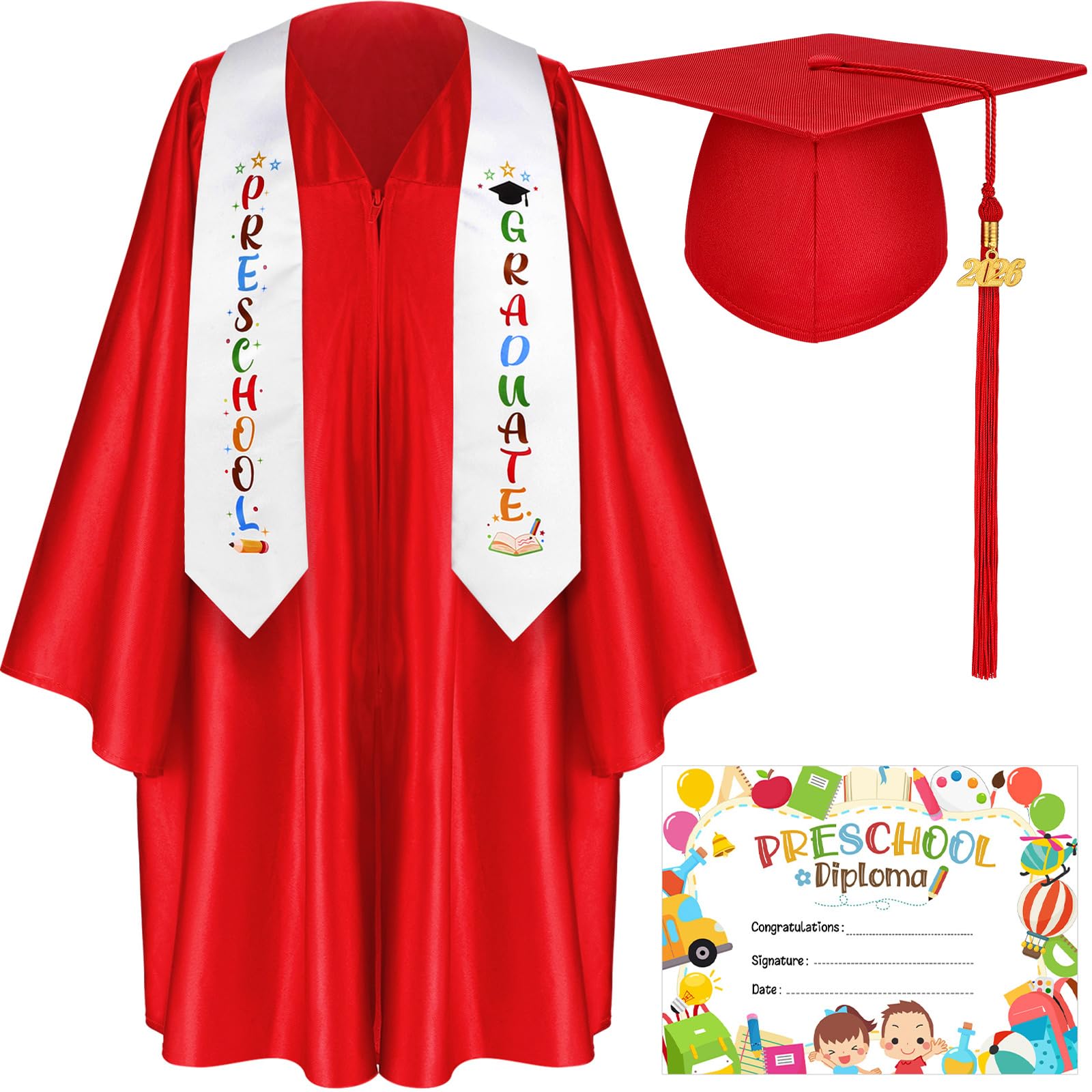 Sureio 6 Pcs Kindergarten Preschool Graduation Cap and Gown 2026 Tassel Stole Certificate for Toddler Kids
