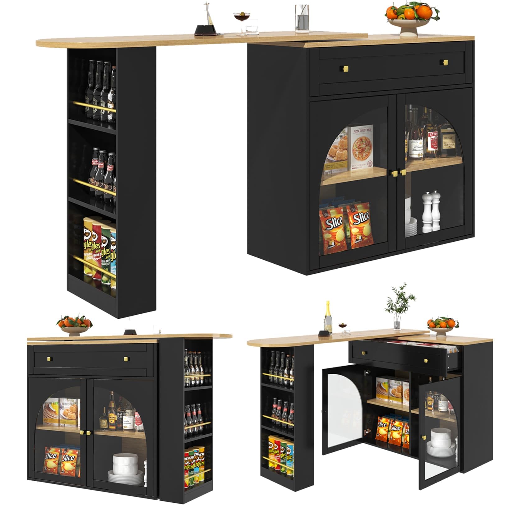 PUGSDRLY Table de Bar Extensible avec Espace de Rangement,Table Bar Cuisine Pivotant à 360°,2 Porte en Verre et 1 Tiroir,Compartiment Ouvert,Comptoir de Cuisine (D, Noir)