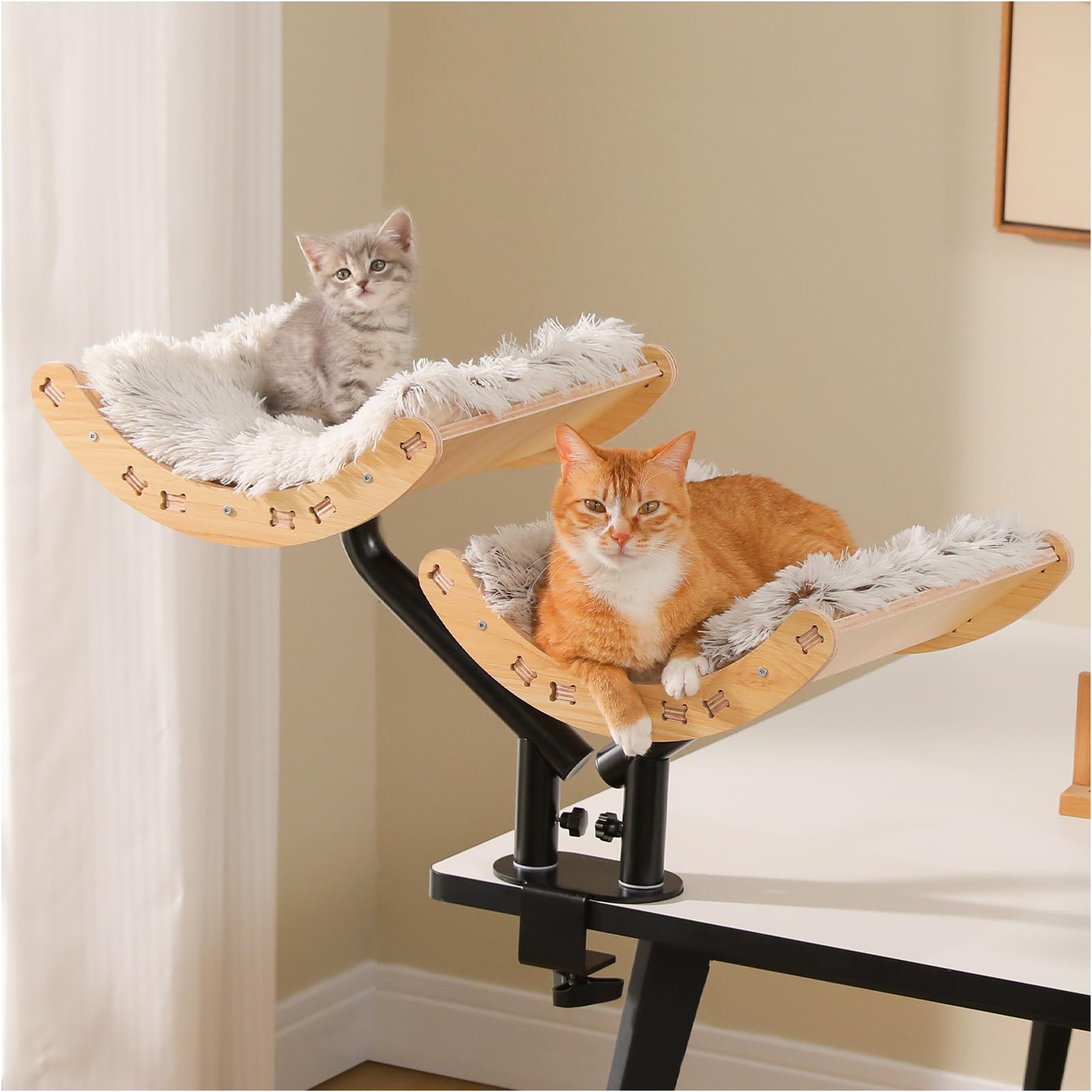 PEQULTI Desk Cat Bed for 2 Cats, 2-Tier 360° Rotating Cat Hammock, Beige