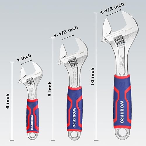 Miniatura 10 de WORKPRO Llave ajustable de 10 pulgadas, llave de apertura de mandíbula ancha con agarre antideslizante de goma, escalas métricasSAE, acero Cr-V