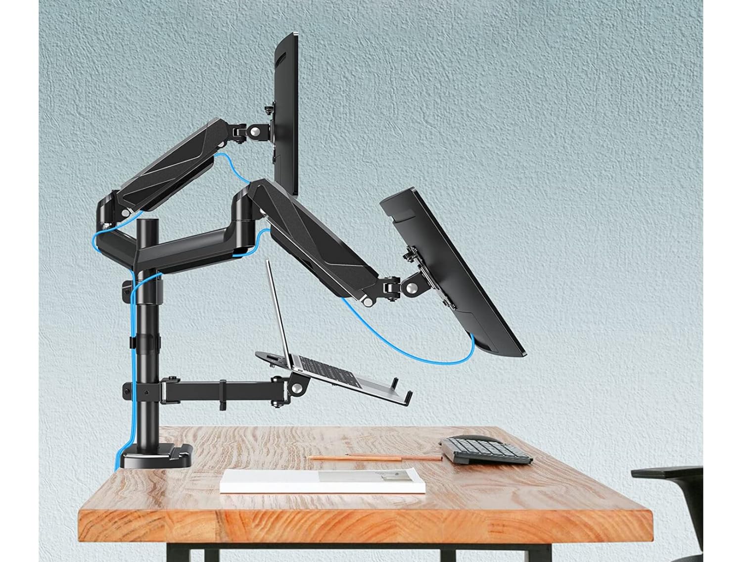 TriMount Uchwyt Biurkowy na 2 Monitory i Laptop 13–32” | Regulowany, Obrotowy, Ergonomiczny | VESA 75x75 / 100x100 | Ramię do Monitorów i Laptopa