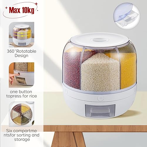 Miniatura 5 de Tanque de almacenamiento de grano giratorio de 6 rejillas con tapa, contenedor de plástico de harina de cereales de arroz de 22.0 lbs, dispensador