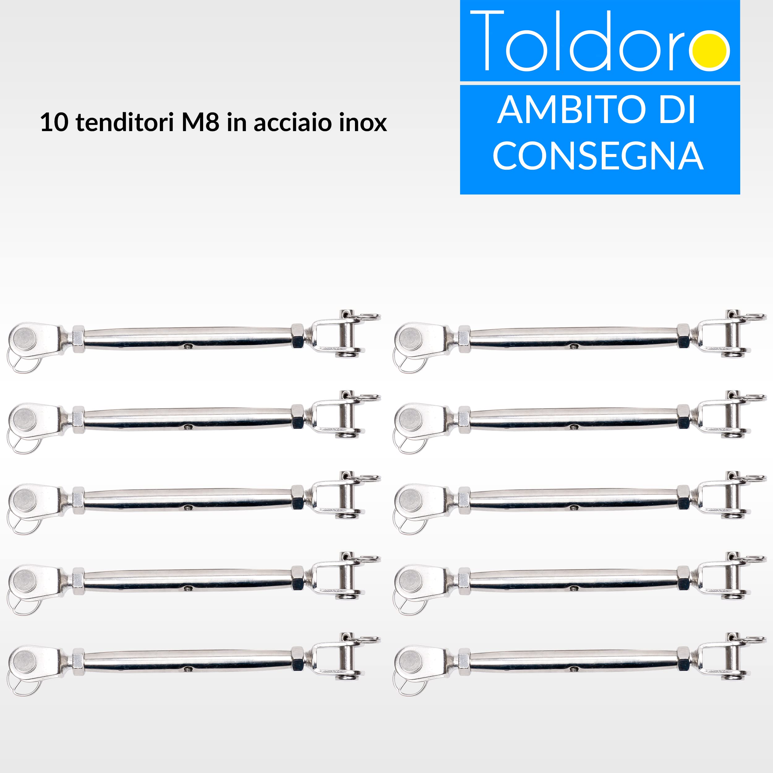 Toldoro, 10 tenditori M8 in acciaio inox, gancio, tirante per sartiame, tendicinghia a doppia forcella per fune, per tendone e barca a vela, forma chiusa