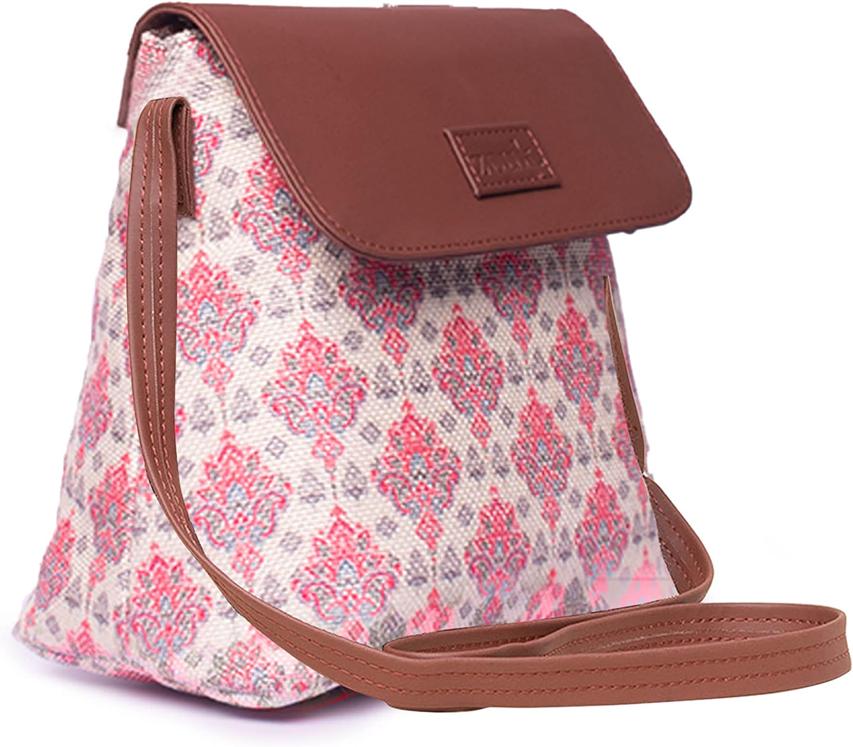 ZOUK Kashmir Tulips Floral Printed Women's HandCrafted White and Red Flap Sling Bag, White and Red, S, White and Red, S, Contemporary, White and Red, S